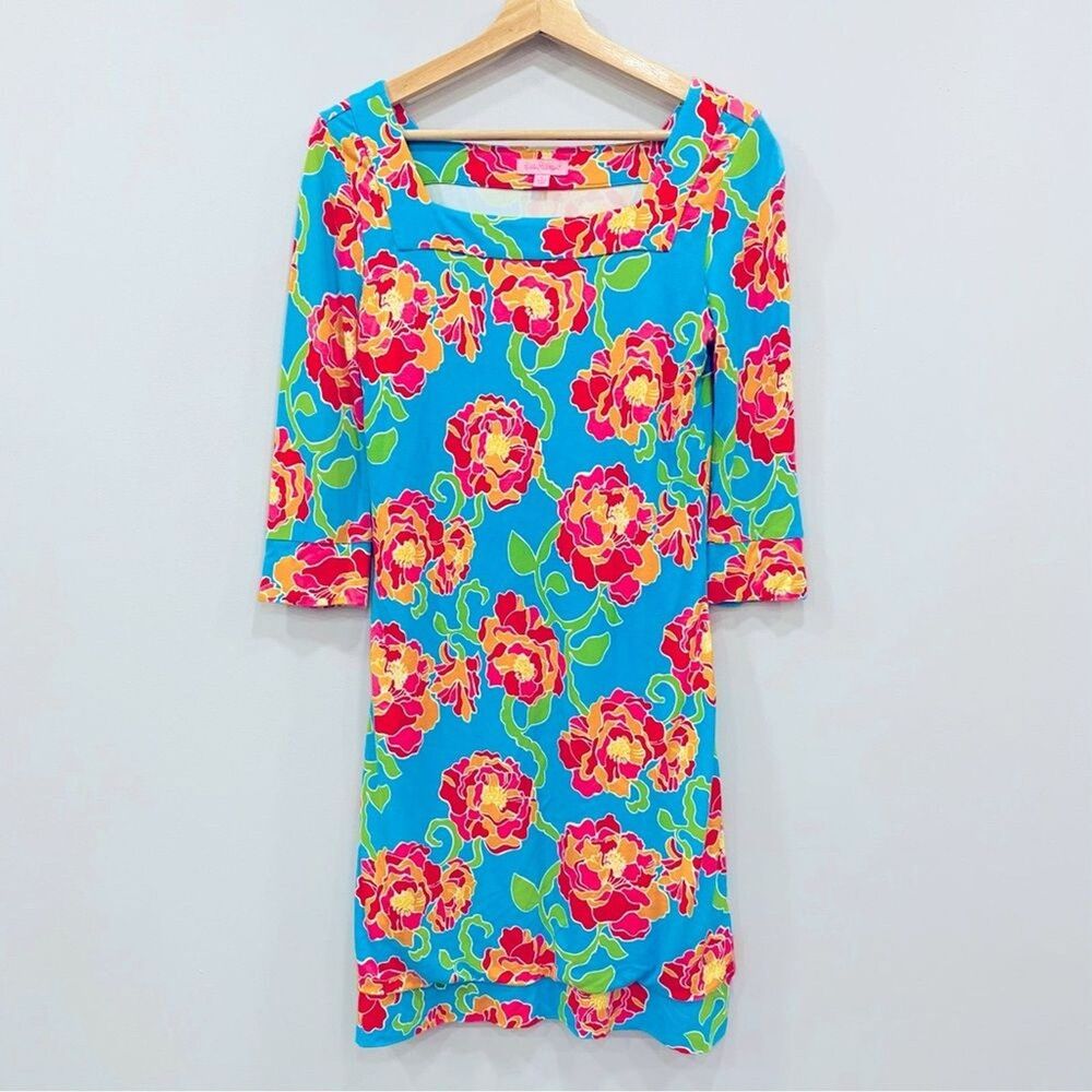 LILLY PULITZER S Blue Newport Knit Shift Dress Floral Bootyinere Beach Preppy*